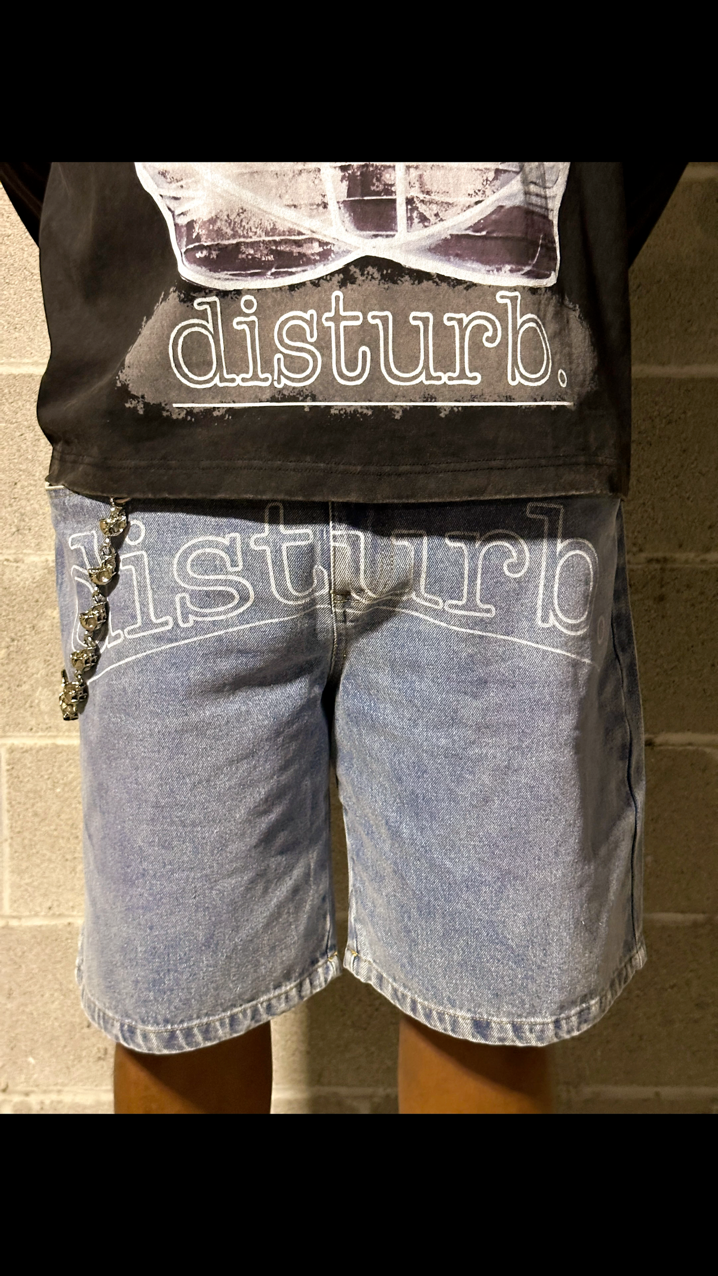 Denim jorts “disturb” front logo