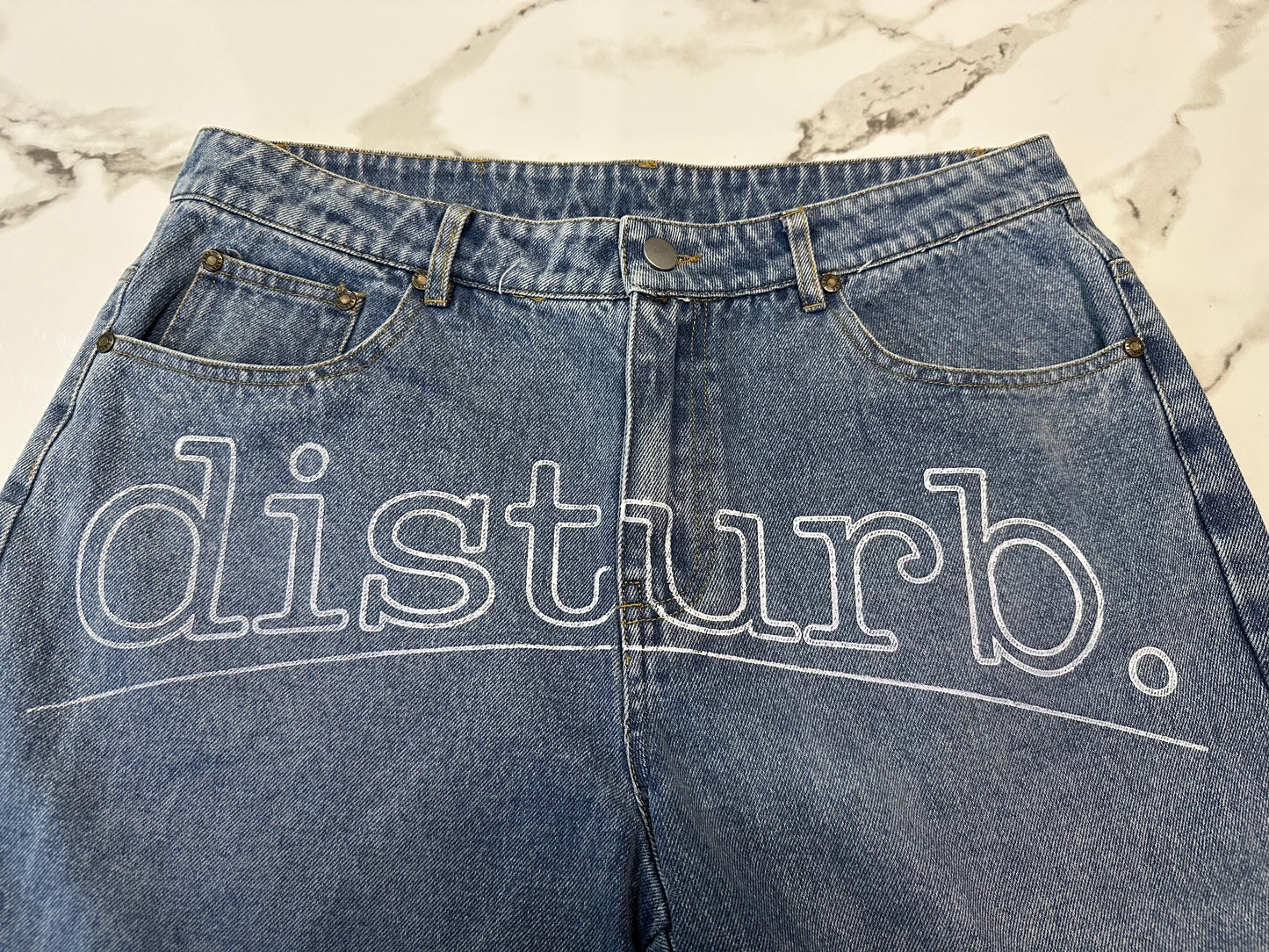 Denim jorts “disturb” front logo