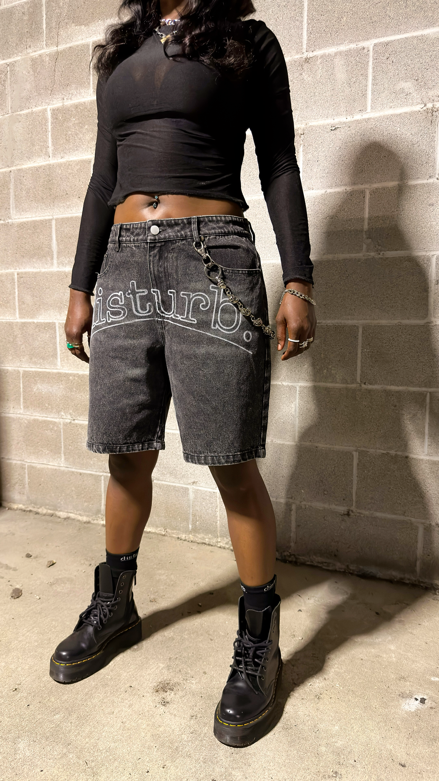 Denim jorts “disturb” front logo