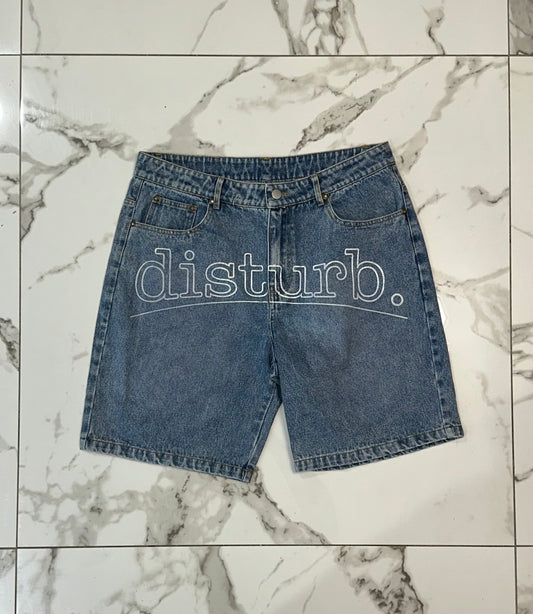 Denim jorts “disturb” front logo