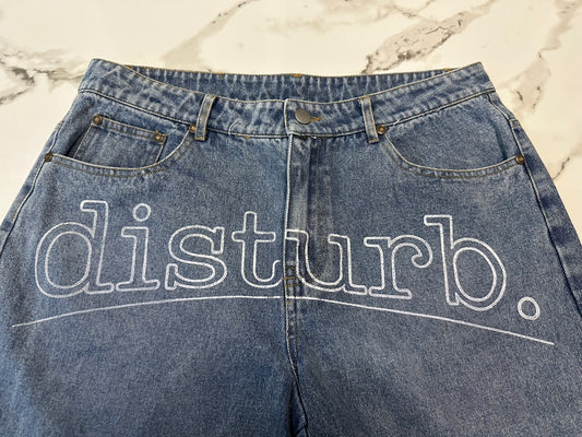 Denim jorts “disturb” front logo