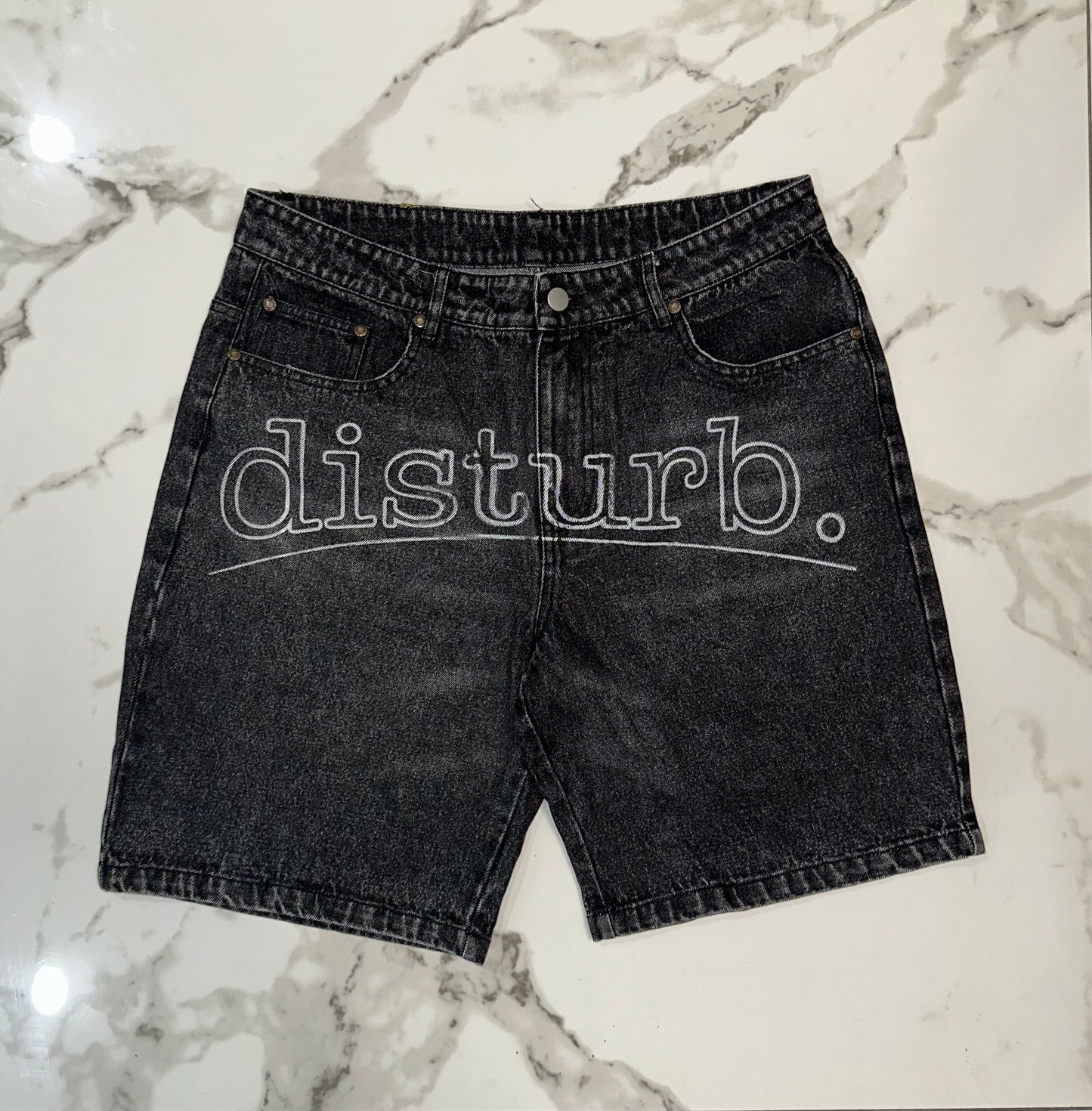 Denim jorts “disturb” front logo